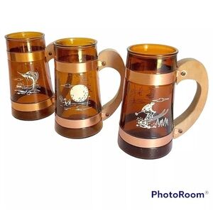 Vintage Siesta Ware Sports Mugs Amber Glass Wooden Handles 5" Set of 3